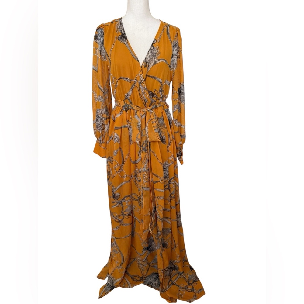 Fashion Nova Mustard Patterned Boho Style Long Sleeve V Neck Maxi Dress Size L